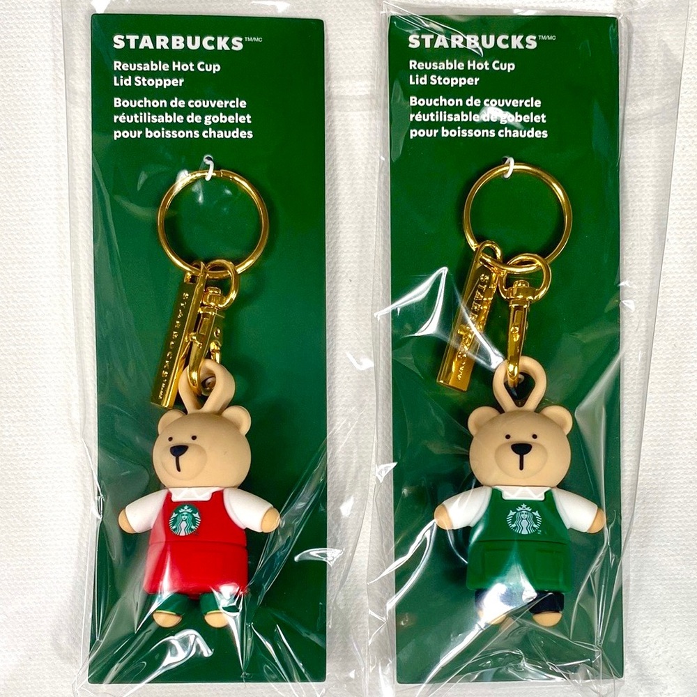 NWT Starbucks Reusable Hot Cup Bear Lid Stopper Keychain Set of 2 Red & Green